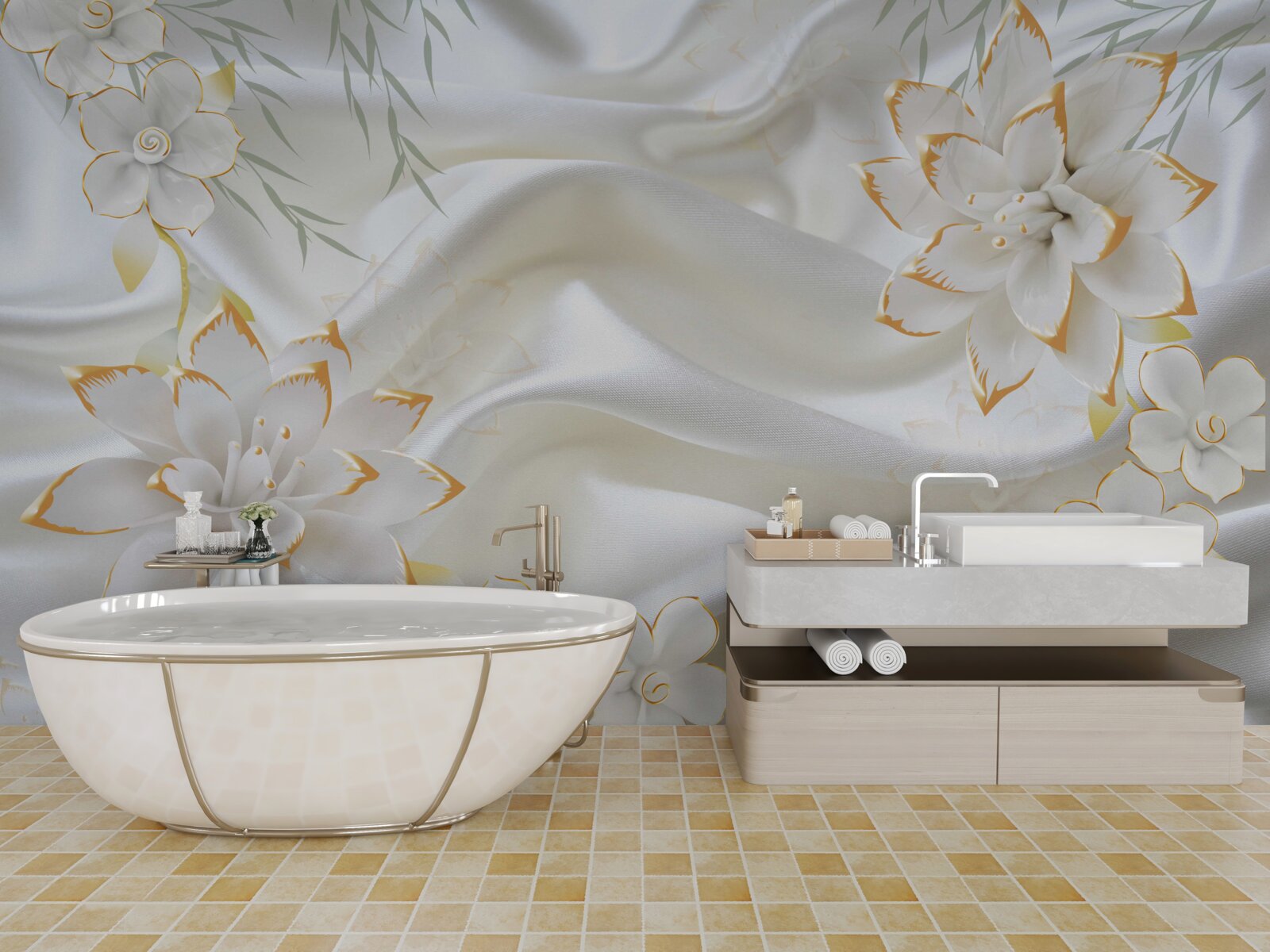 Фотошпалери золоті візерунки та квіти на білому шовку