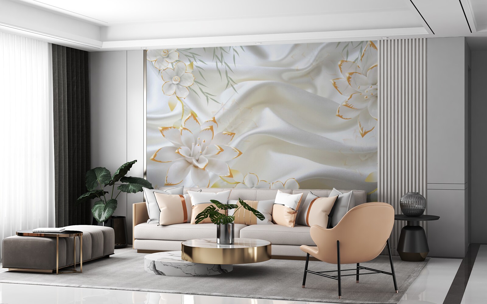 Фотошпалери золоті візерунки та квіти на білому шовку