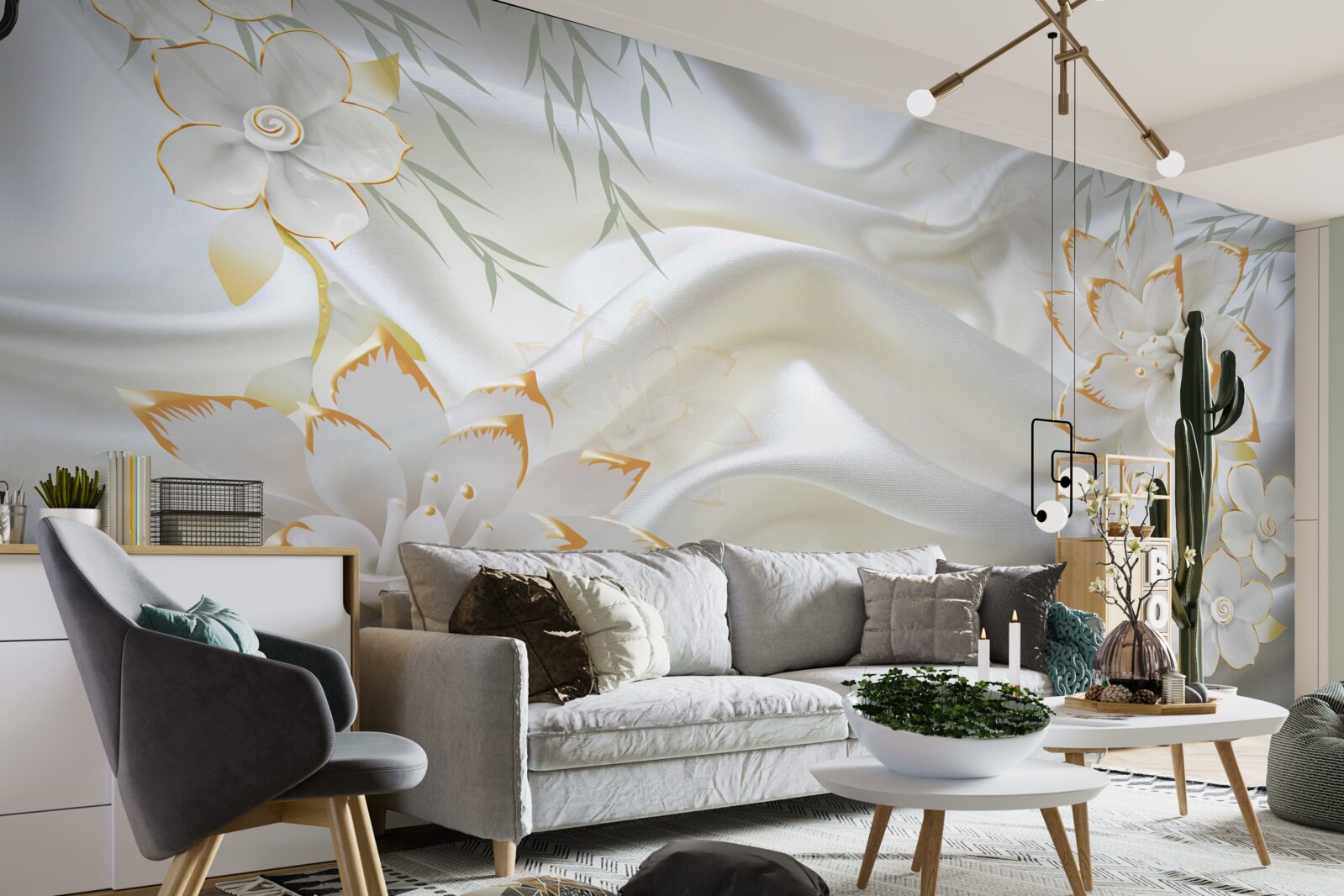 Фотошпалери золоті візерунки та квіти на білому шовку