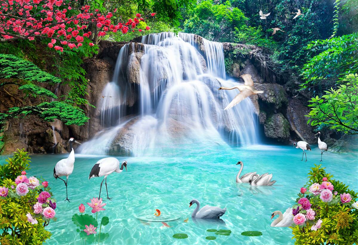 Фотошпалери шумний водоспад і лебеді в блакитній воді