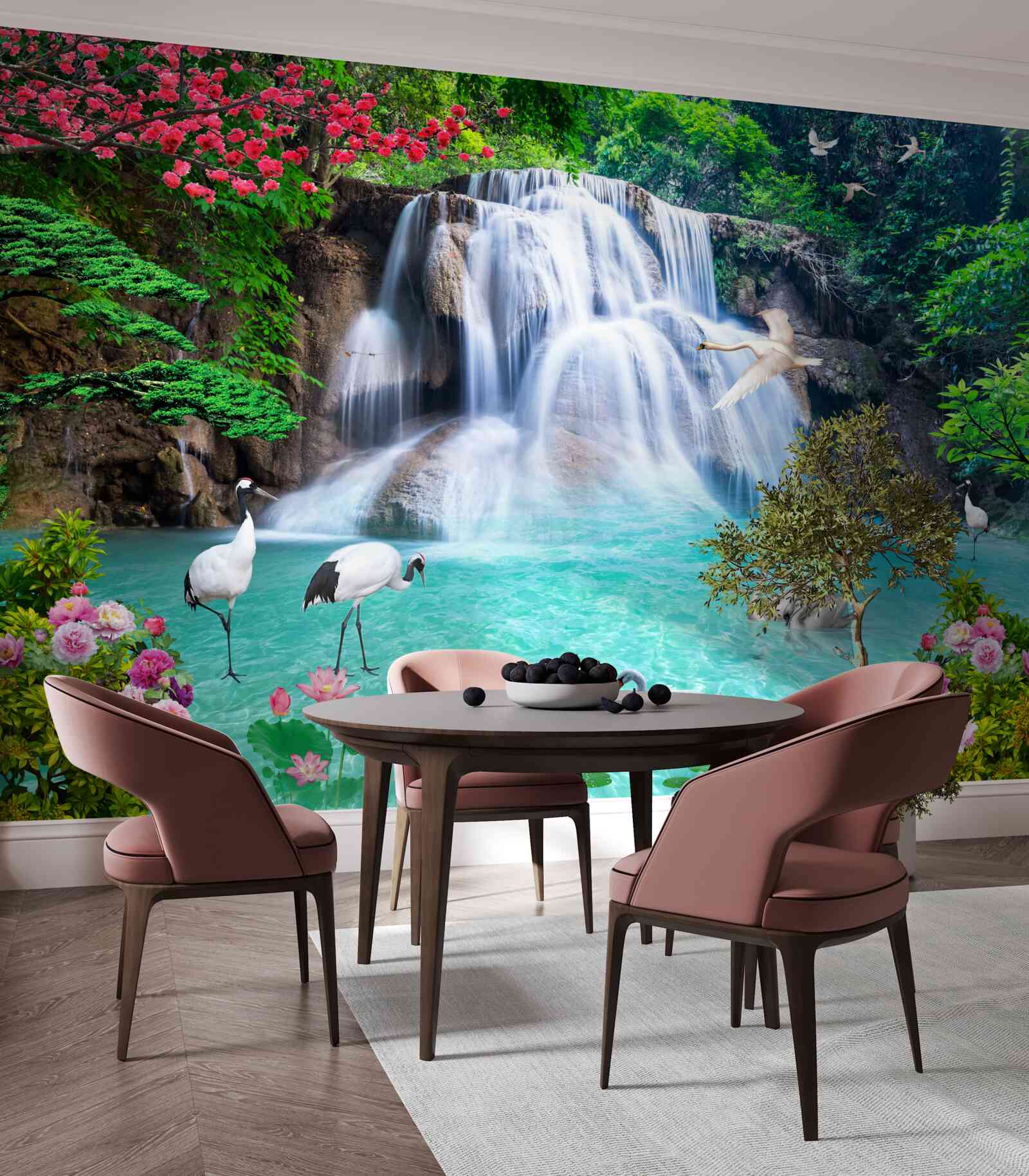 Фотошпалери шумний водоспад і лебеді в блакитній воді