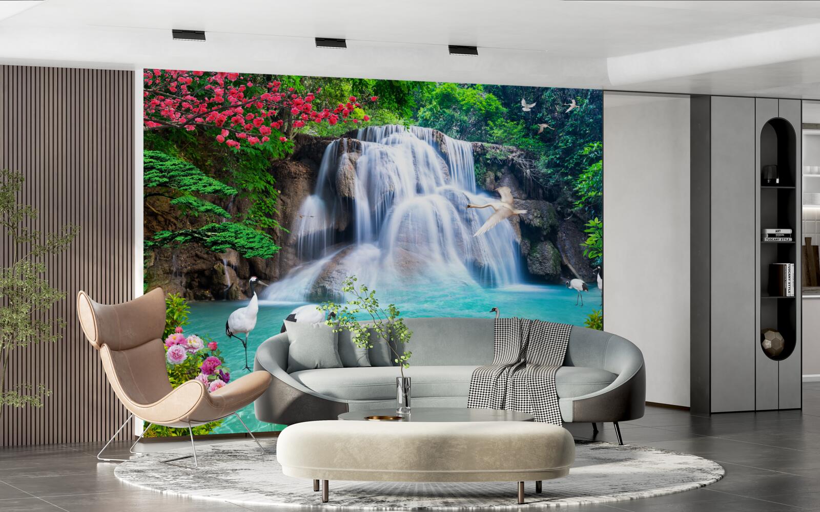 Фотошпалери шумний водоспад і лебеді в блакитній воді