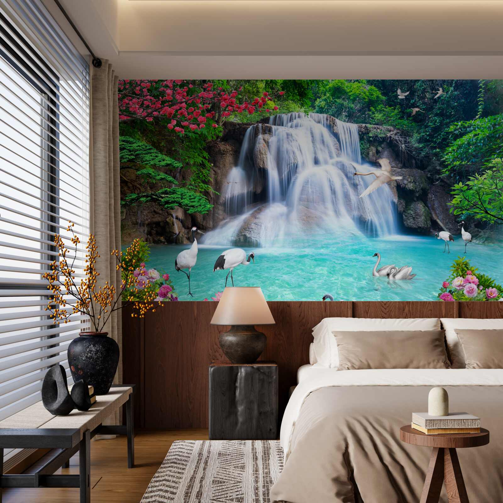 Фотошпалери шумний водоспад і лебеді в блакитній воді