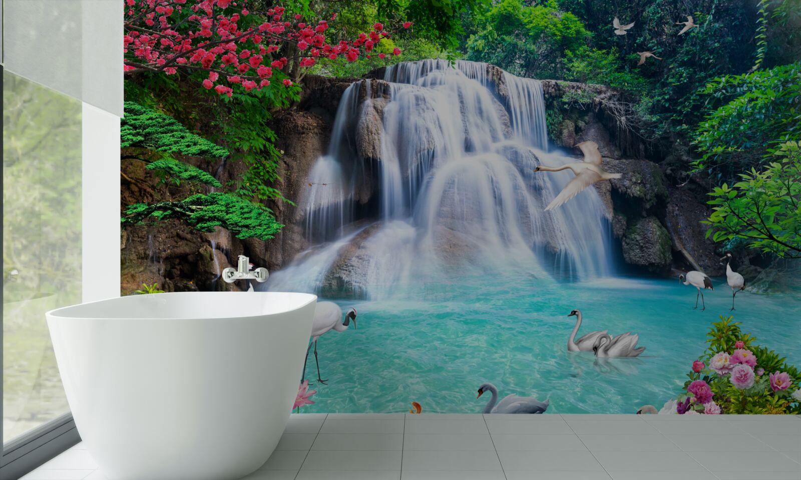 Фотошпалери шумний водоспад і лебеді в блакитній воді