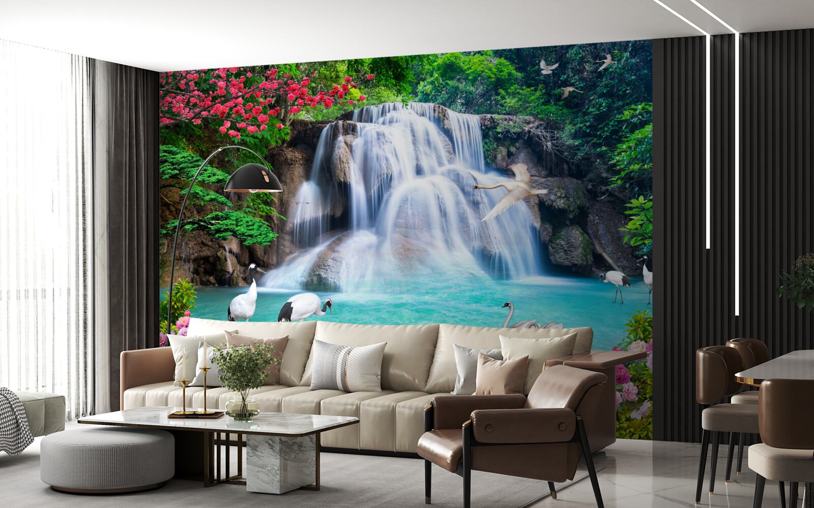 Фотошпалери шумний водоспад і лебеді в блакитній воді