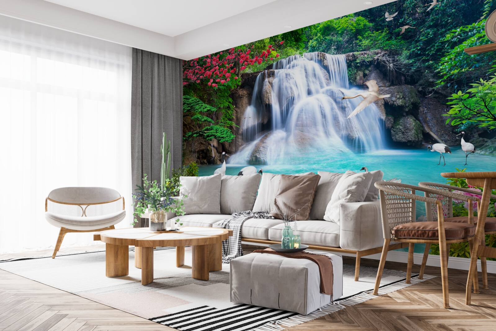 Фотошпалери шумний водоспад і лебеді в блакитній воді