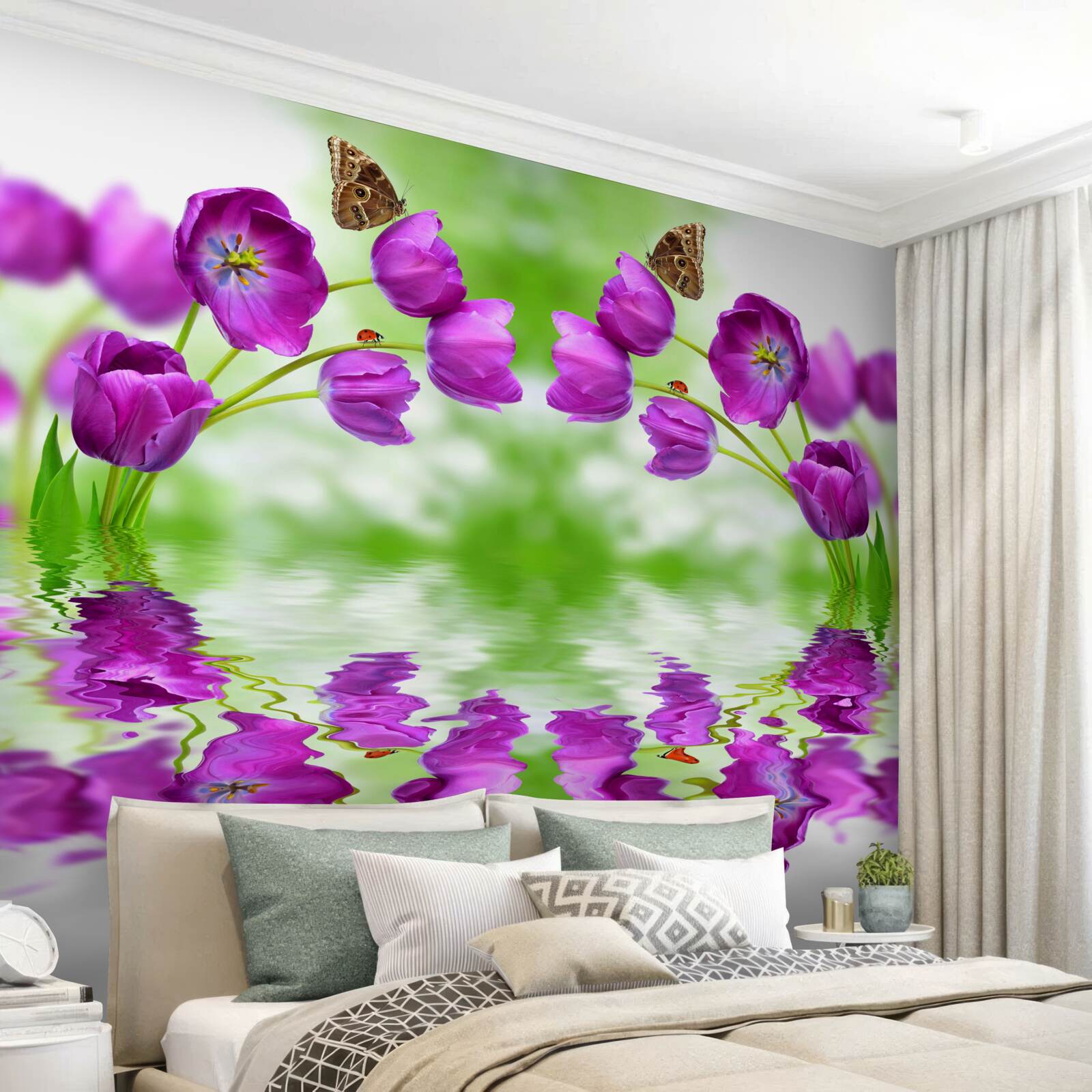 Фотошпалери квіти відображають метеликів, що відпочивають на них у воді