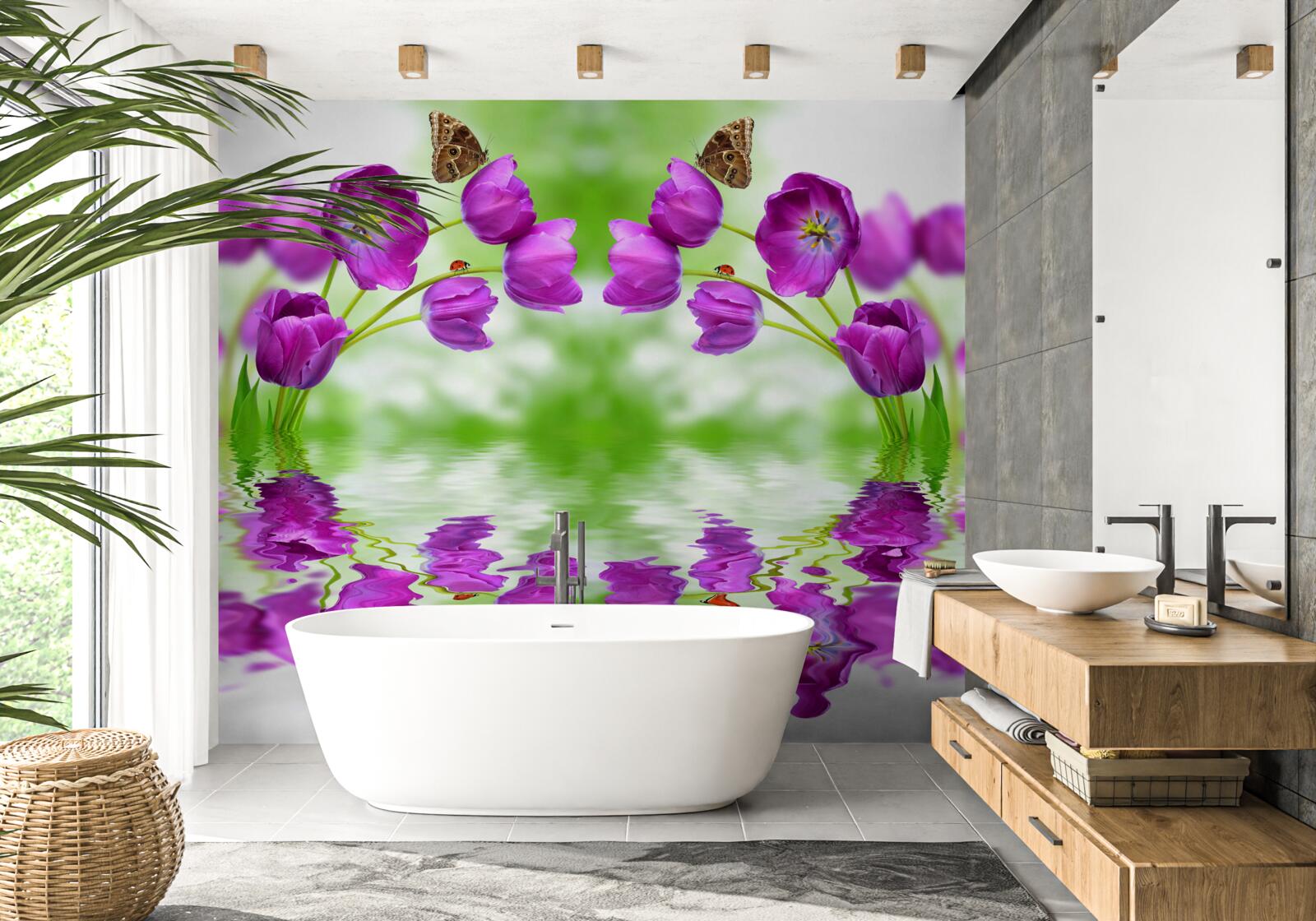 Фотошпалери квіти відображають метеликів, що відпочивають на них у воді