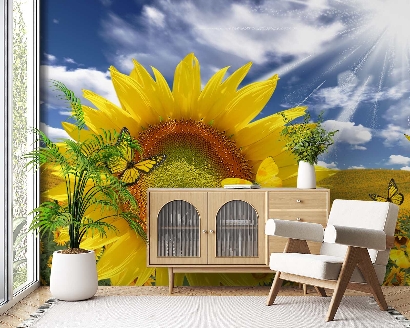 Фотошпалери золоті метелики літають у блакитному небі над полем соняшників