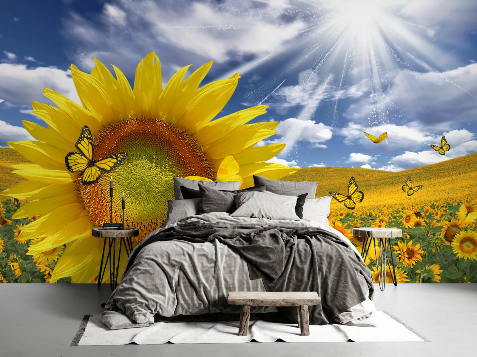 Фотошпалери золоті метелики літають у блакитному небі над полем соняшників