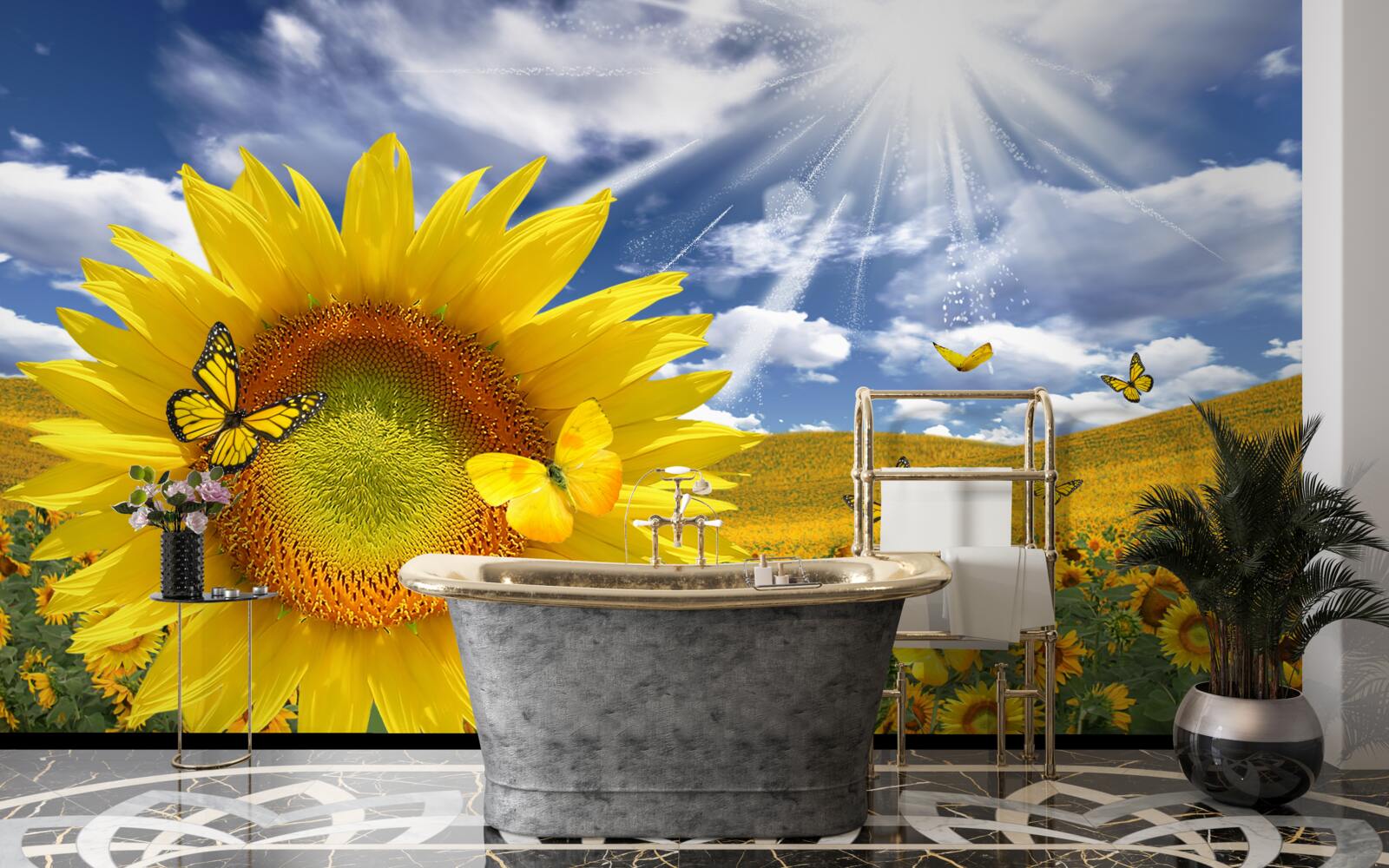 Фотошпалери золоті метелики літають у блакитному небі над полем соняшників
