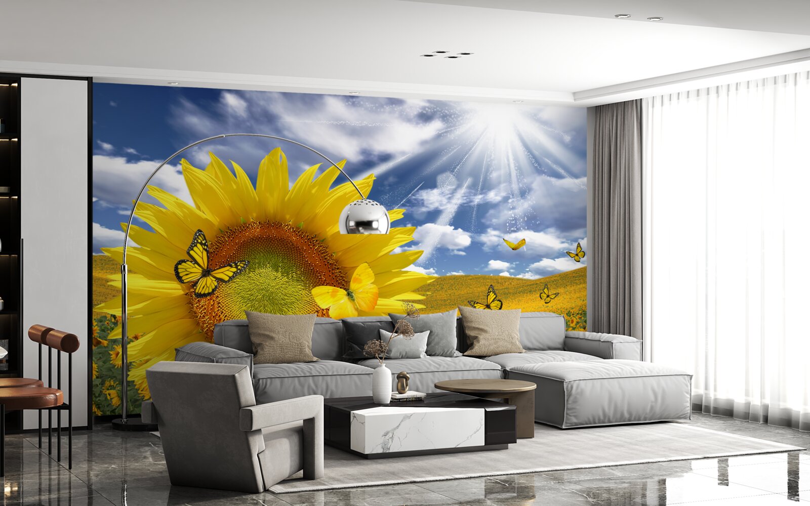 Фотошпалери золоті метелики літають у блакитному небі над полем соняшників