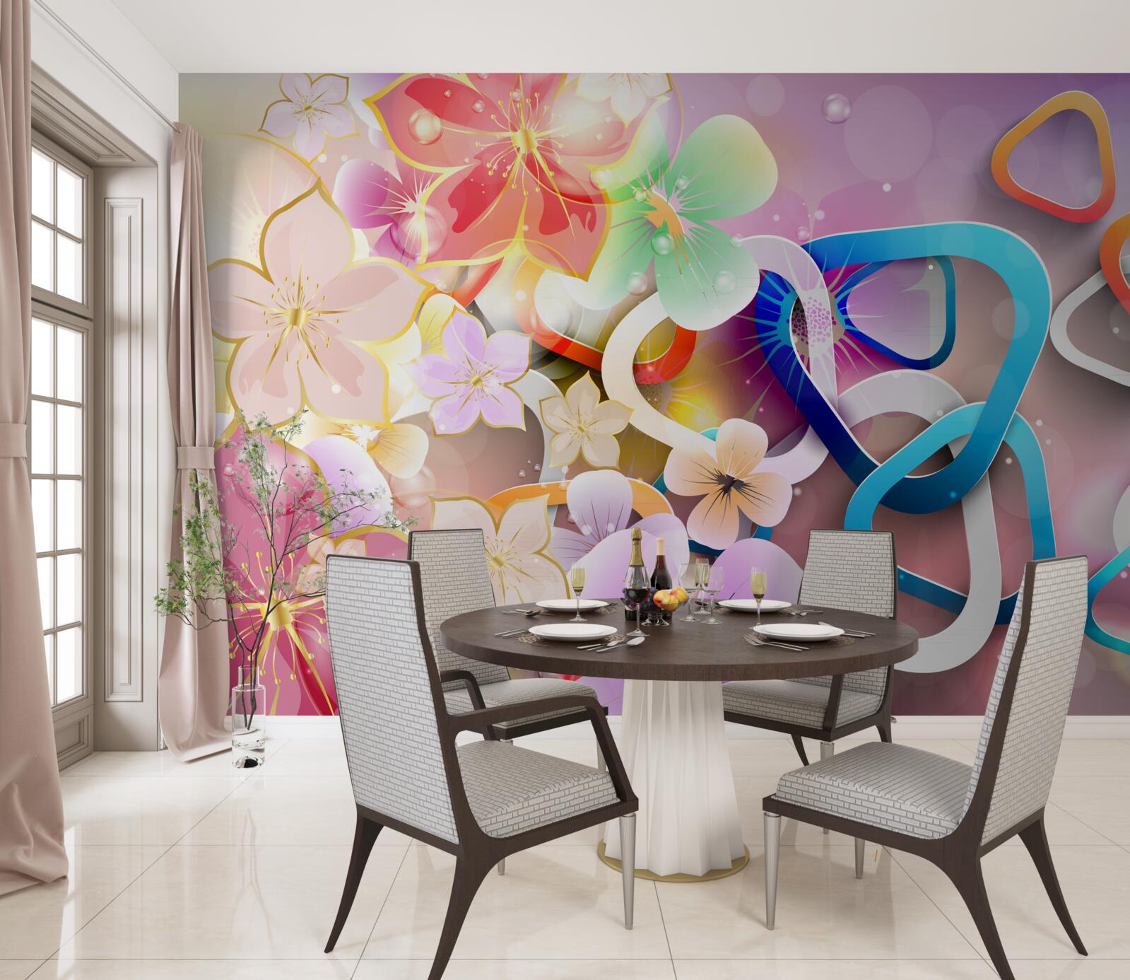 Фотошпалери квіти в насиченому кольорі та візерунку з золотими акцентами