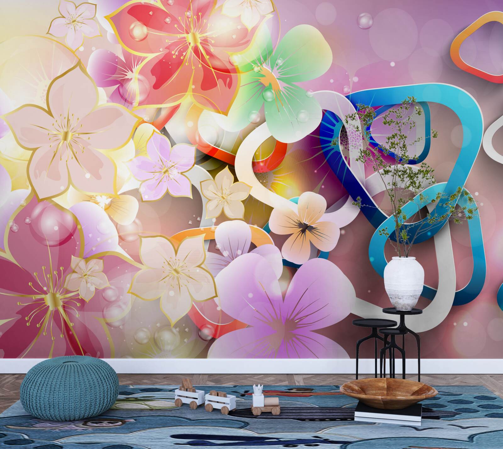 Фотошпалери квіти в насиченому кольорі та візерунку з золотими акцентами