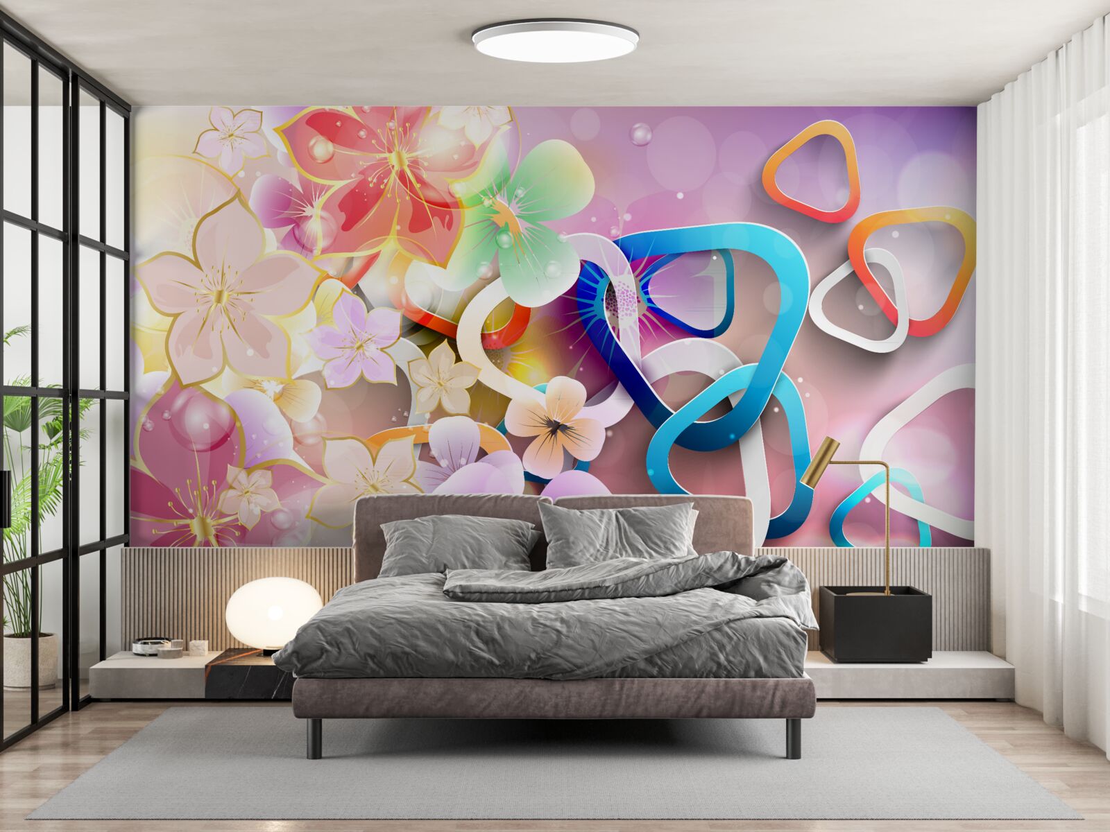 Фотошпалери квіти в насиченому кольорі та візерунку з золотими акцентами