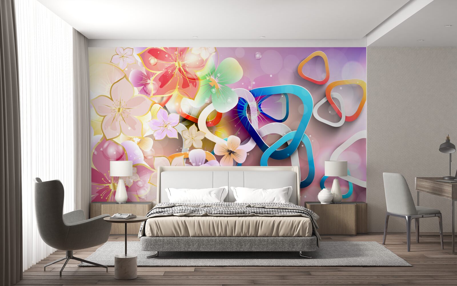 Фотошпалери квіти в насиченому кольорі та візерунку з золотими акцентами