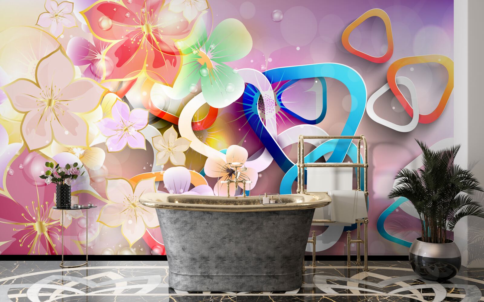 Фотошпалери квіти в насиченому кольорі та візерунку з золотими акцентами