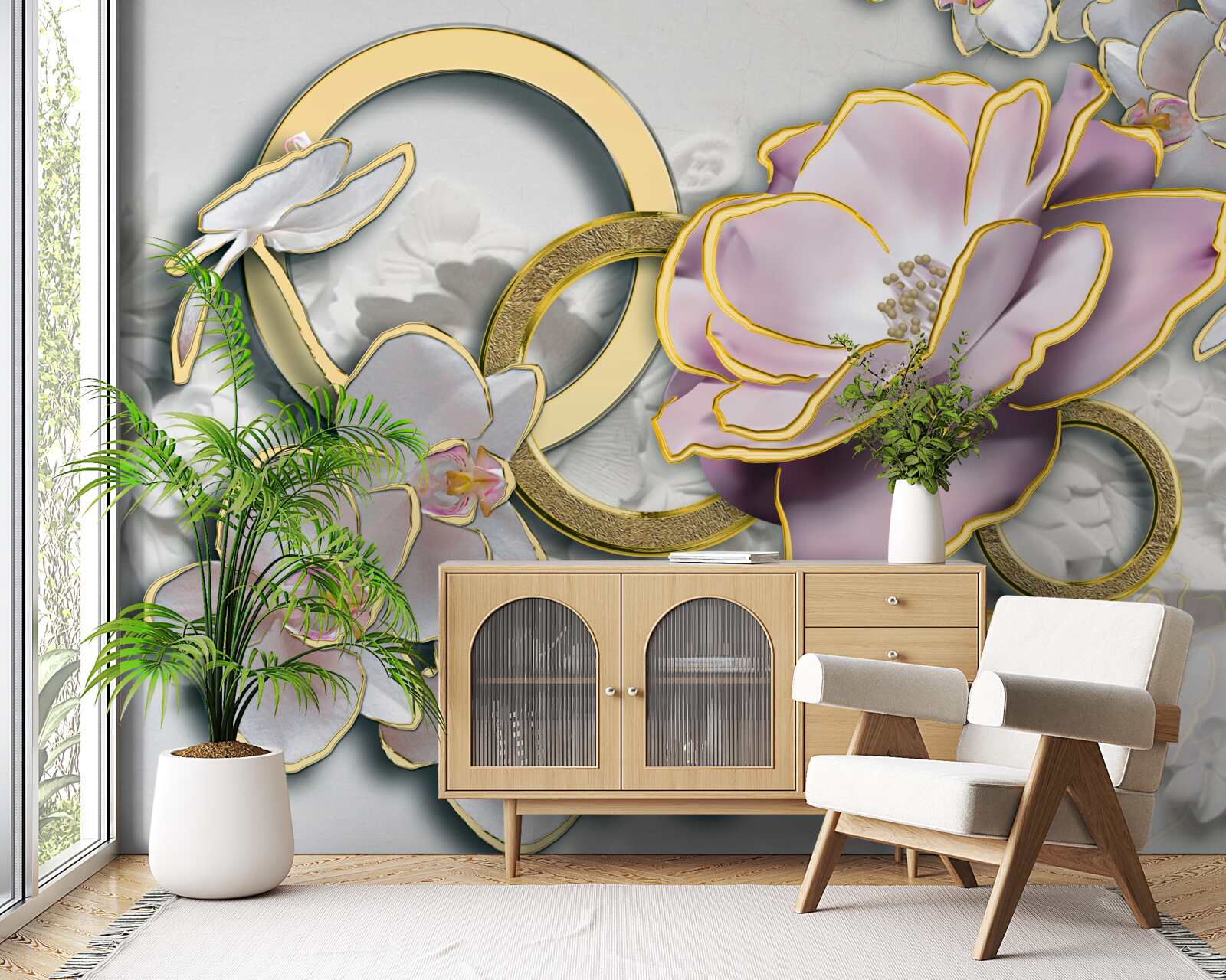 Фотошпалери сяючі та золоті квіти в небі