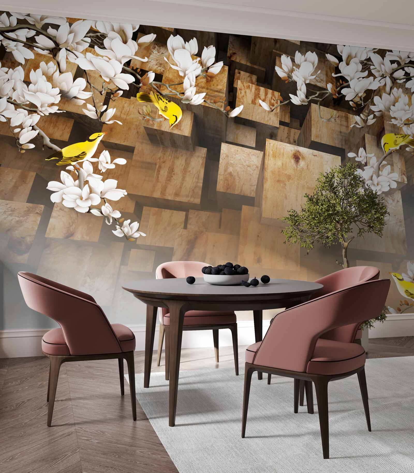 Фотошпалери плаваючі дерев'яні кубики та білі квіти