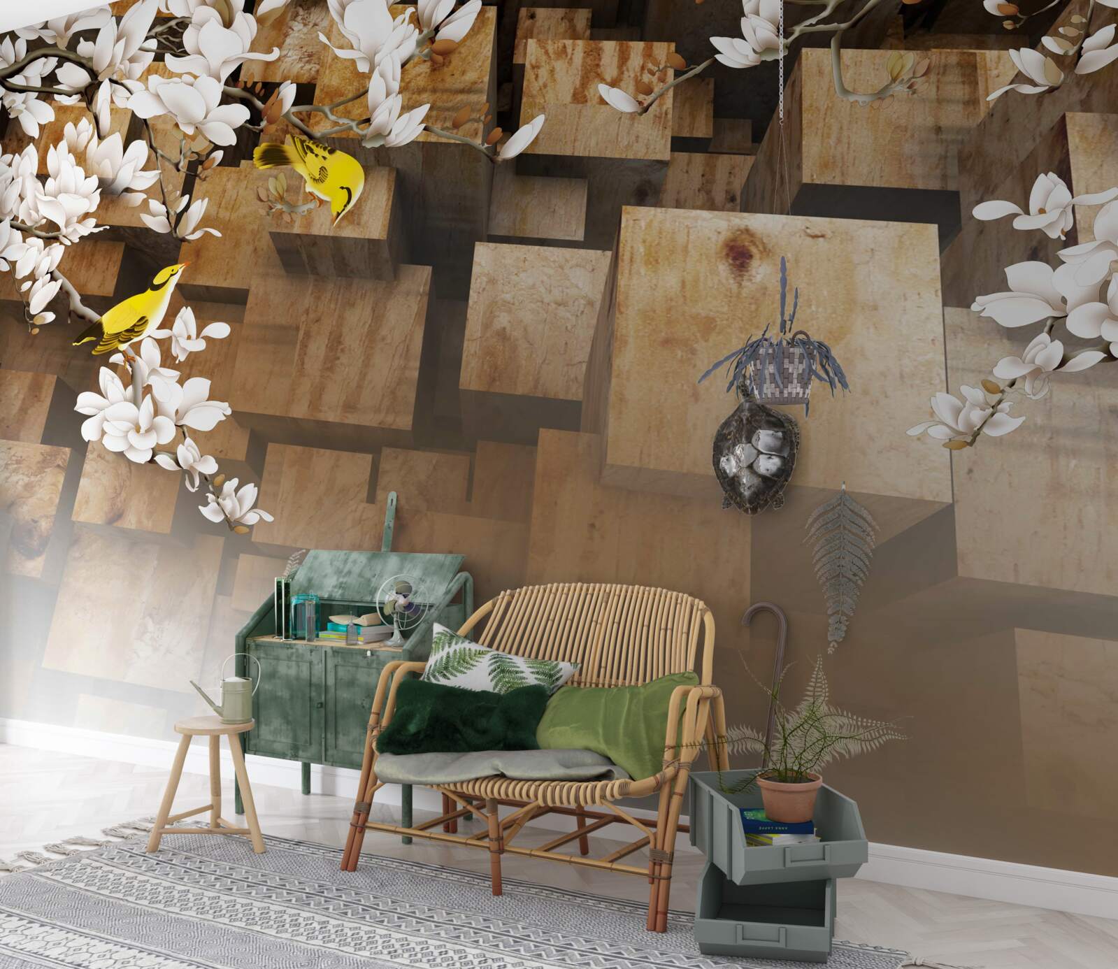 Фотошпалери плаваючі дерев'яні кубики та білі квіти