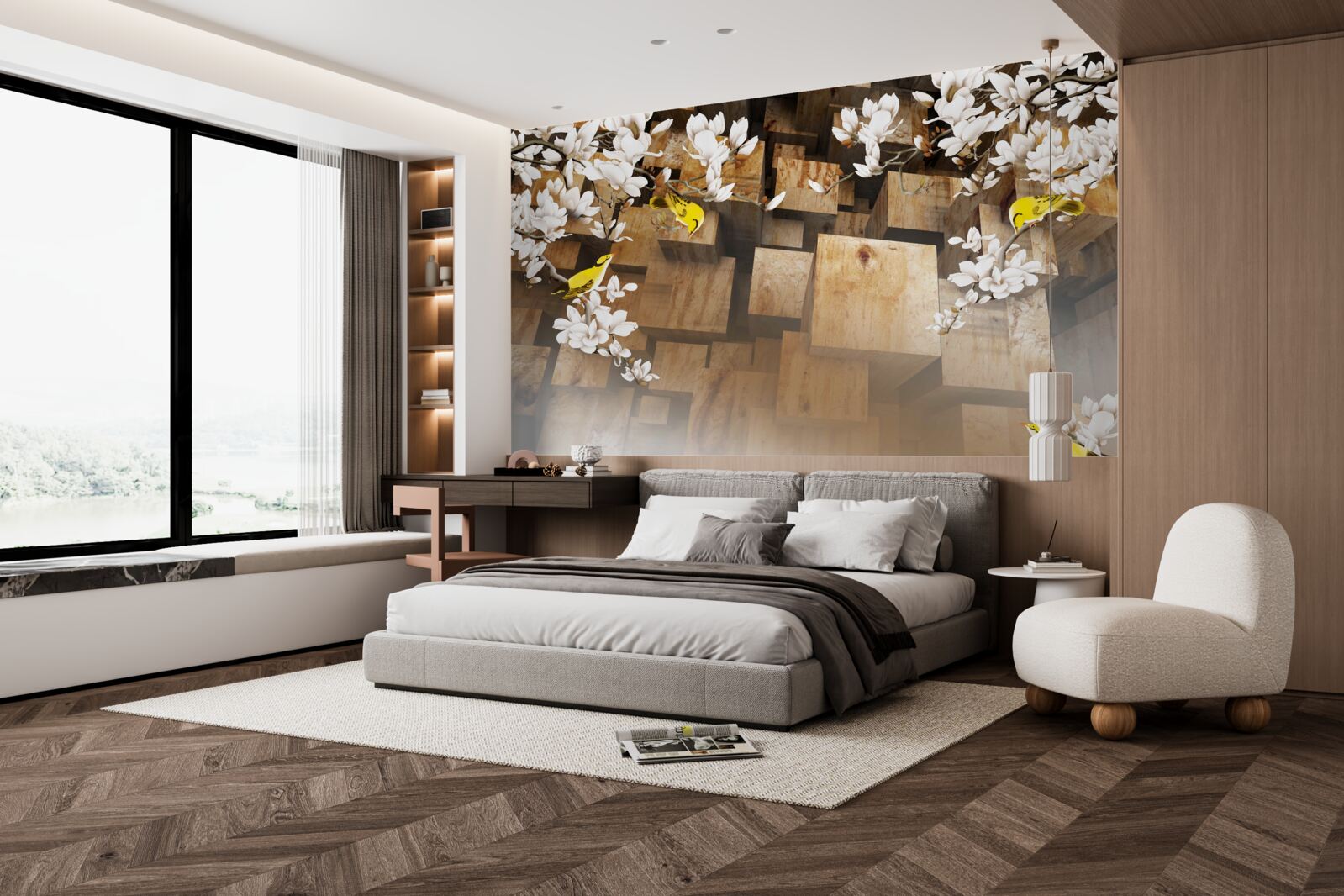 Фотошпалери плаваючі дерев'яні кубики та білі квіти