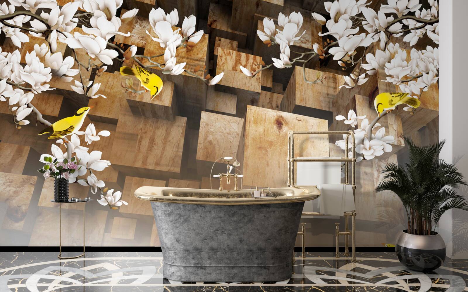 Фотошпалери плаваючі дерев'яні кубики та білі квіти