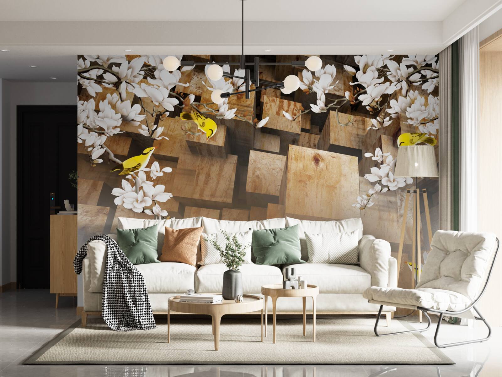 Фотошпалери плаваючі дерев'яні кубики та білі квіти