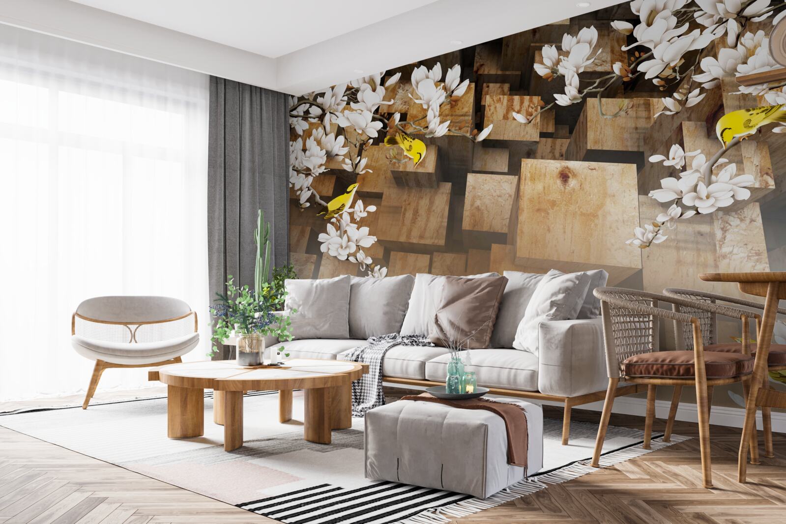 Фотошпалери плаваючі дерев'яні кубики та білі квіти