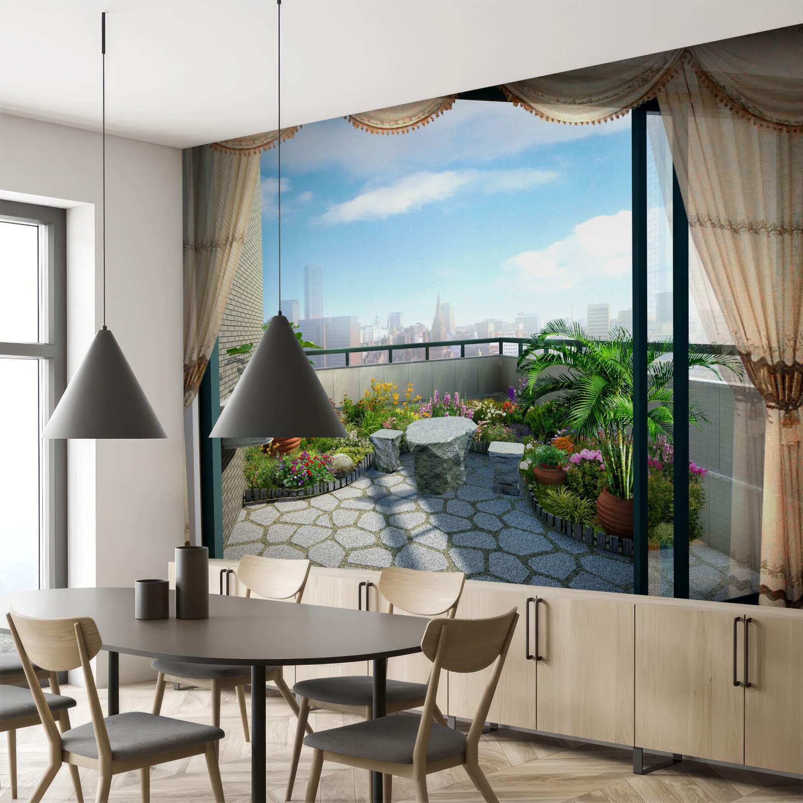 Фотошпалери лоджія з чудовим видом на літнє місто