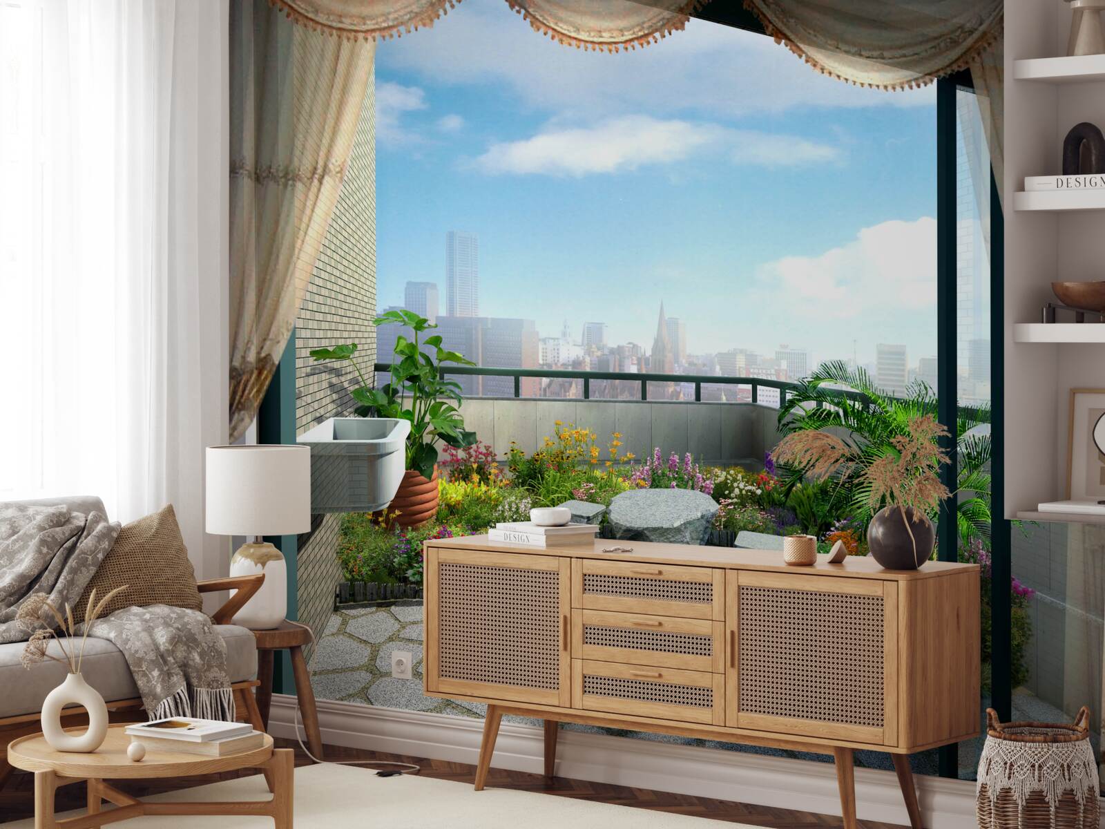 Фотошпалери лоджія з чудовим видом на літнє місто