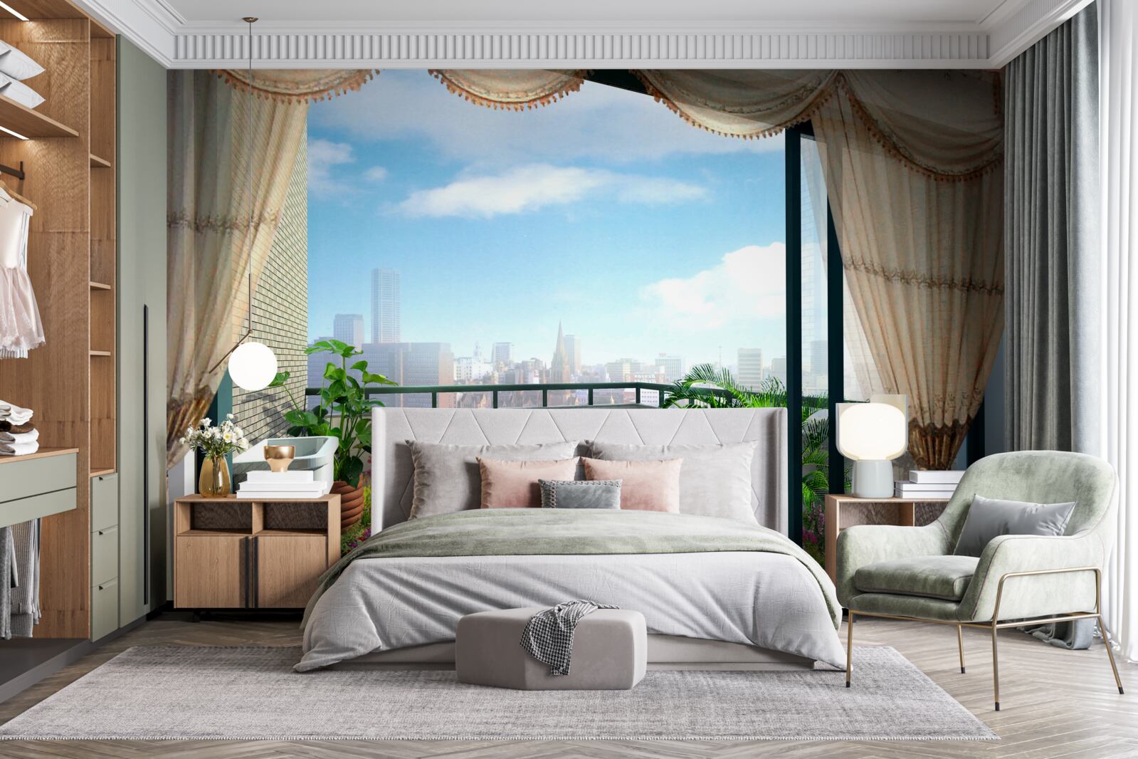 Фотошпалери лоджія з чудовим видом на літнє місто