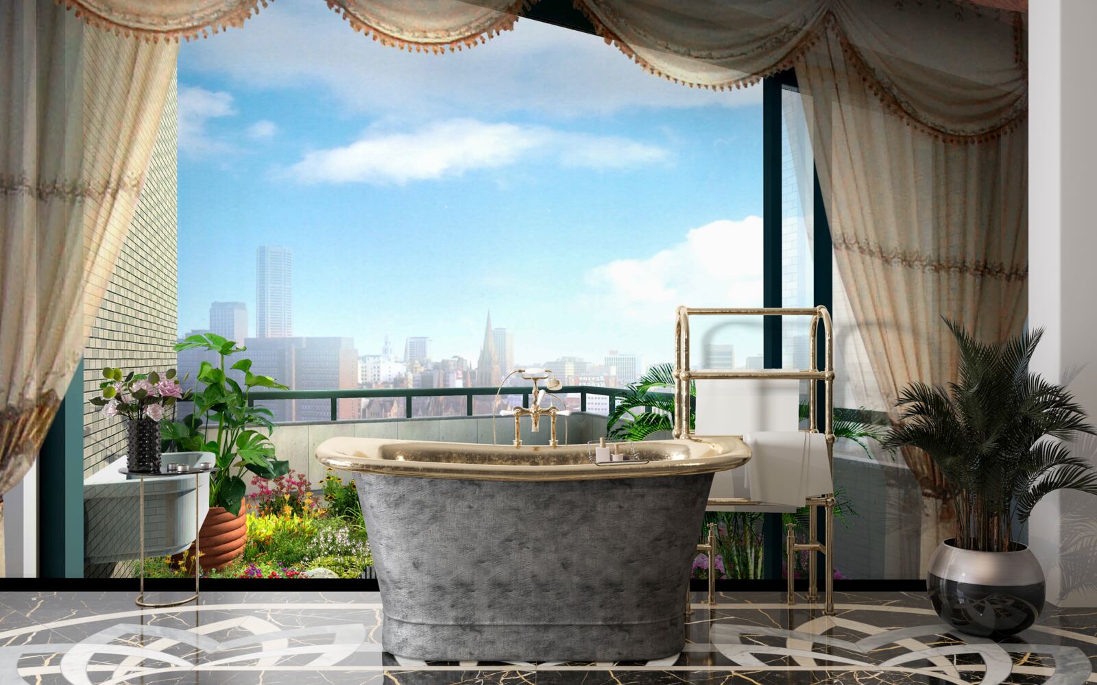 Фотошпалери лоджія з чудовим видом на літнє місто