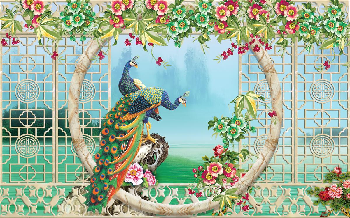 Фотошпалери чудові фазани на круглому мосту над водою