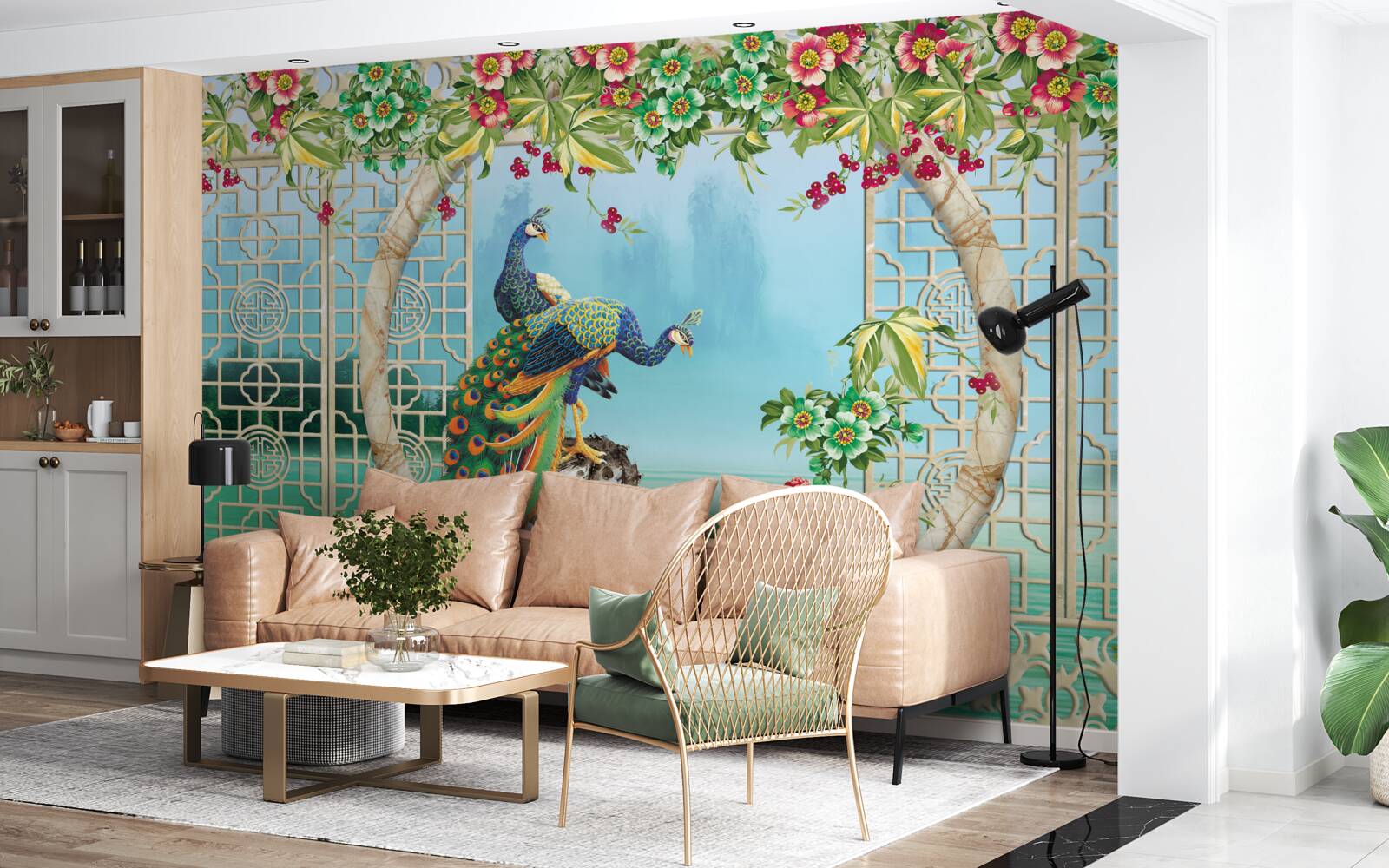 Фотошпалери чудові фазани на круглому мосту над водою