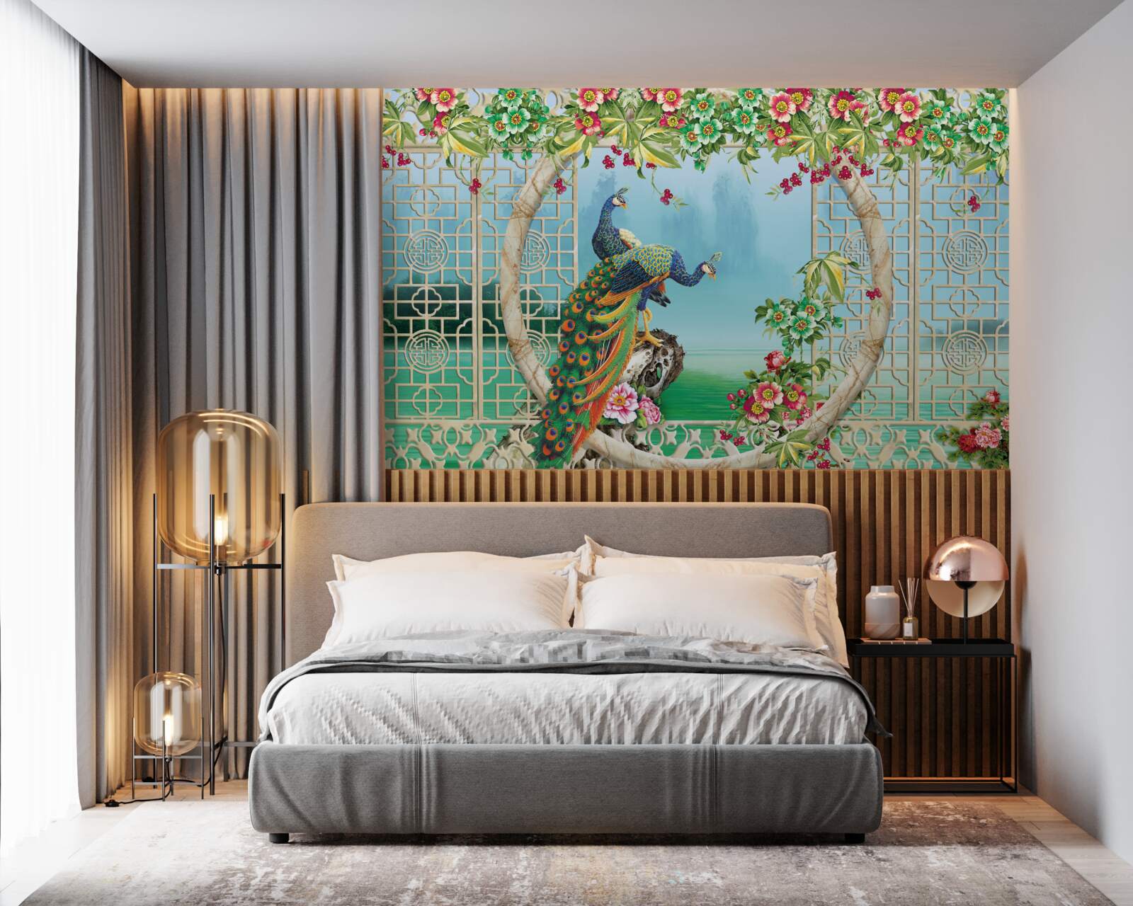 Фотошпалери чудові фазани на круглому мосту над водою