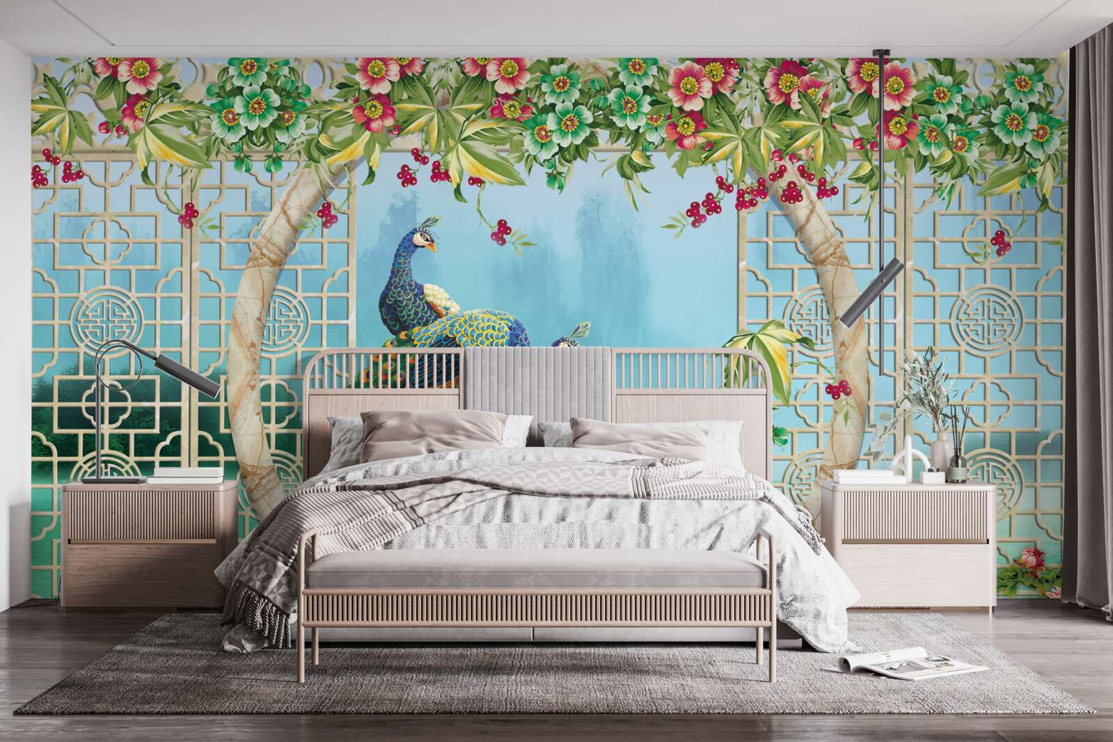 Фотошпалери чудові фазани на круглому мосту над водою