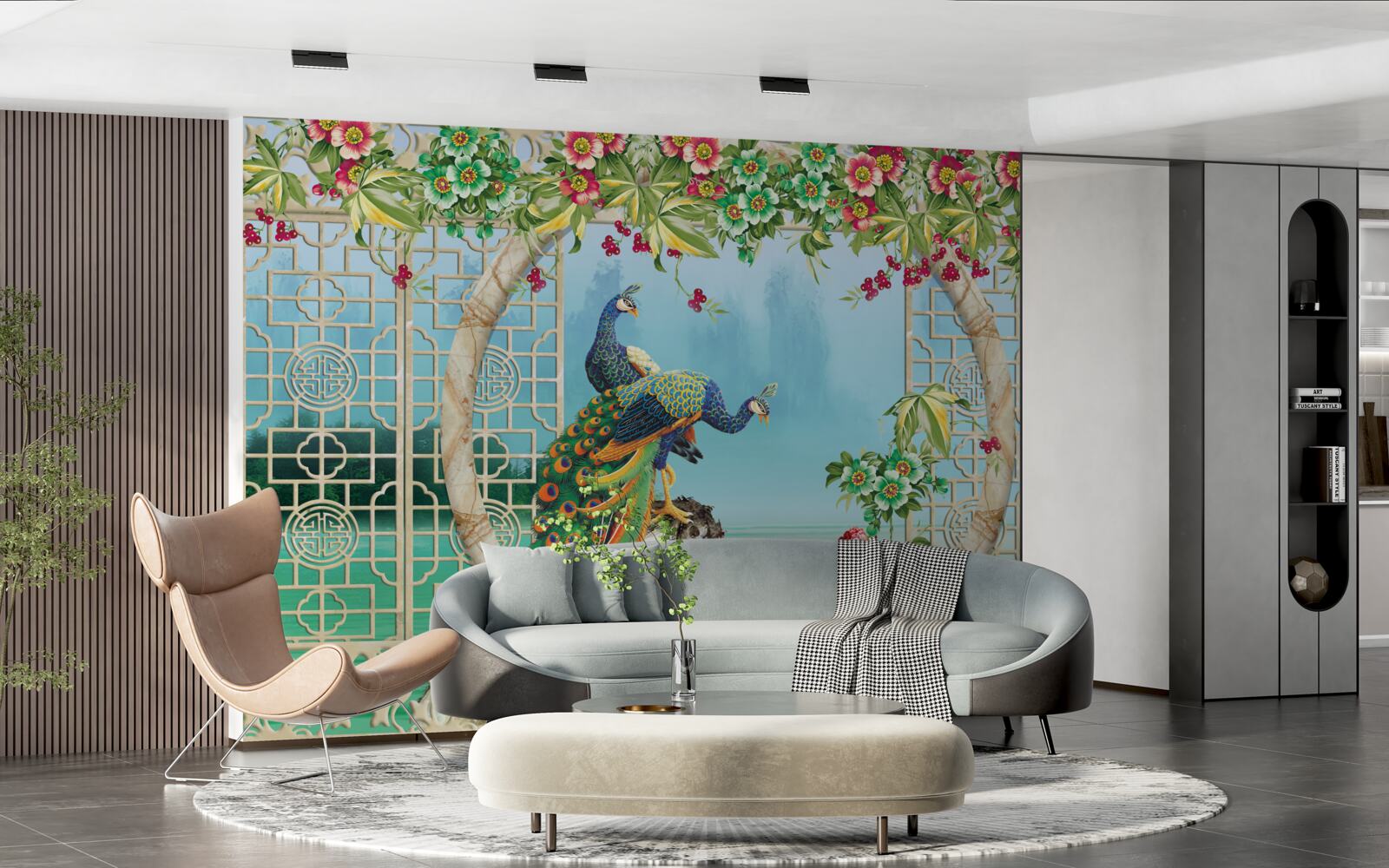 Фотошпалери чудові фазани на круглому мосту над водою