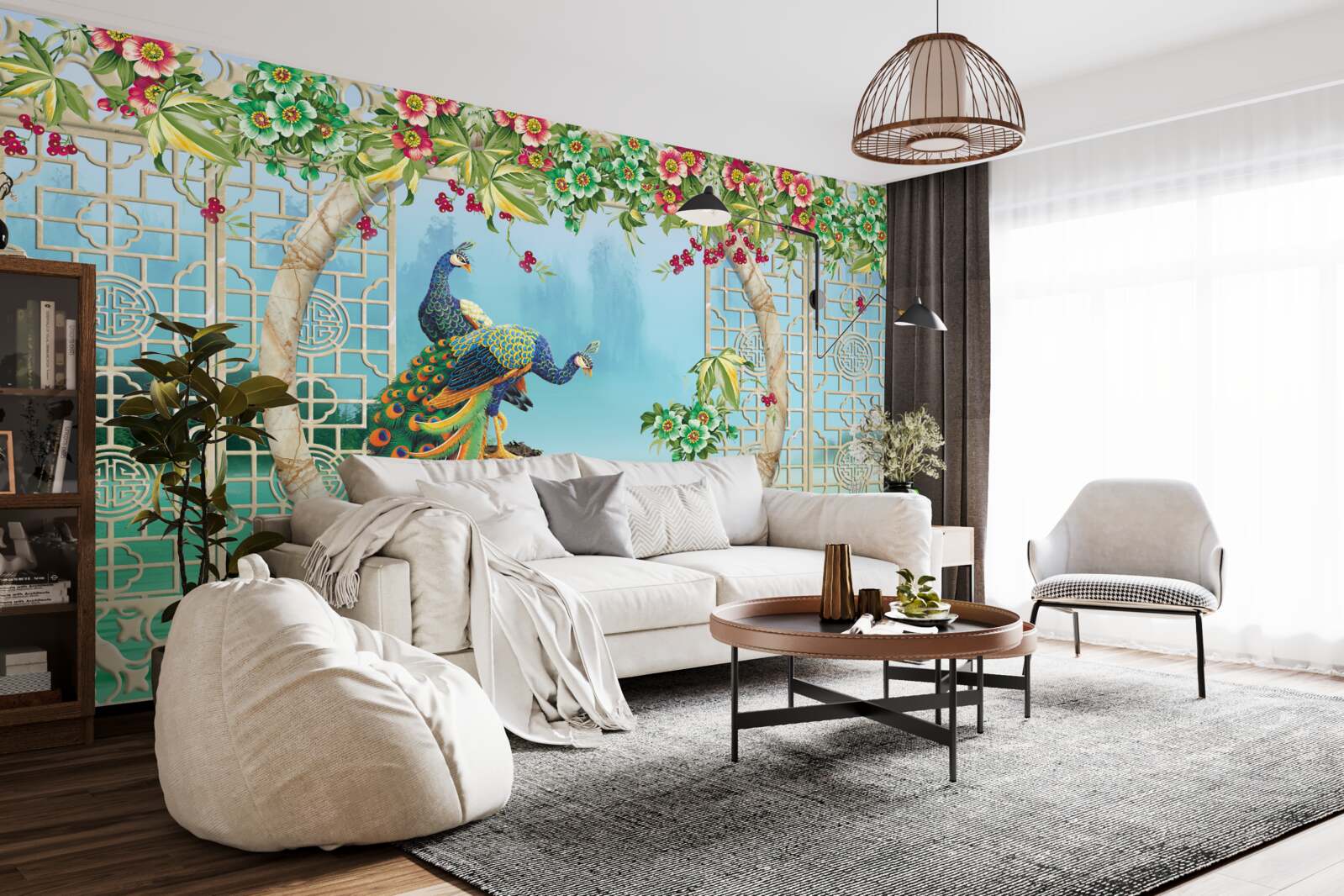 Фотошпалери чудові фазани на круглому мосту над водою