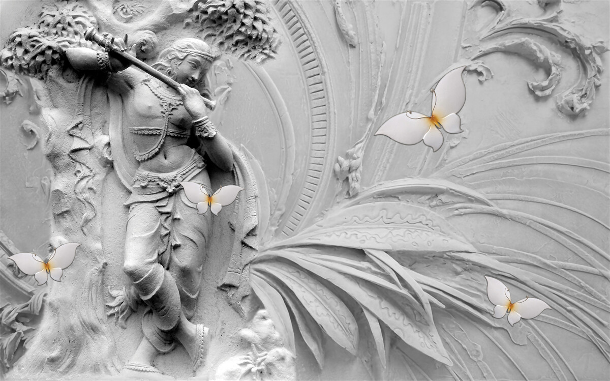 Фотошпалери барельєф з квітами та білими метеликами