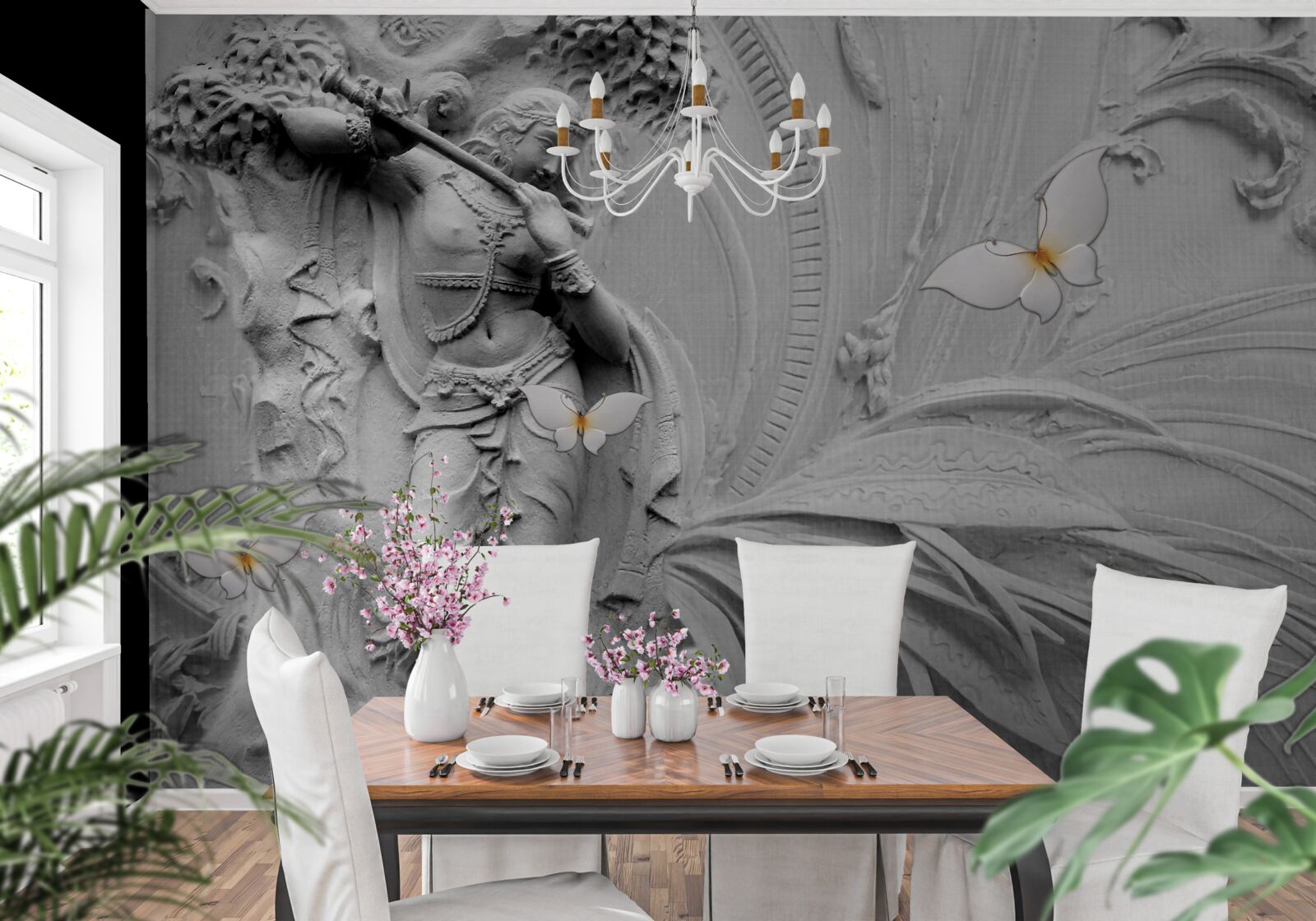 Фотошпалери барельєф з квітами та білими метеликами