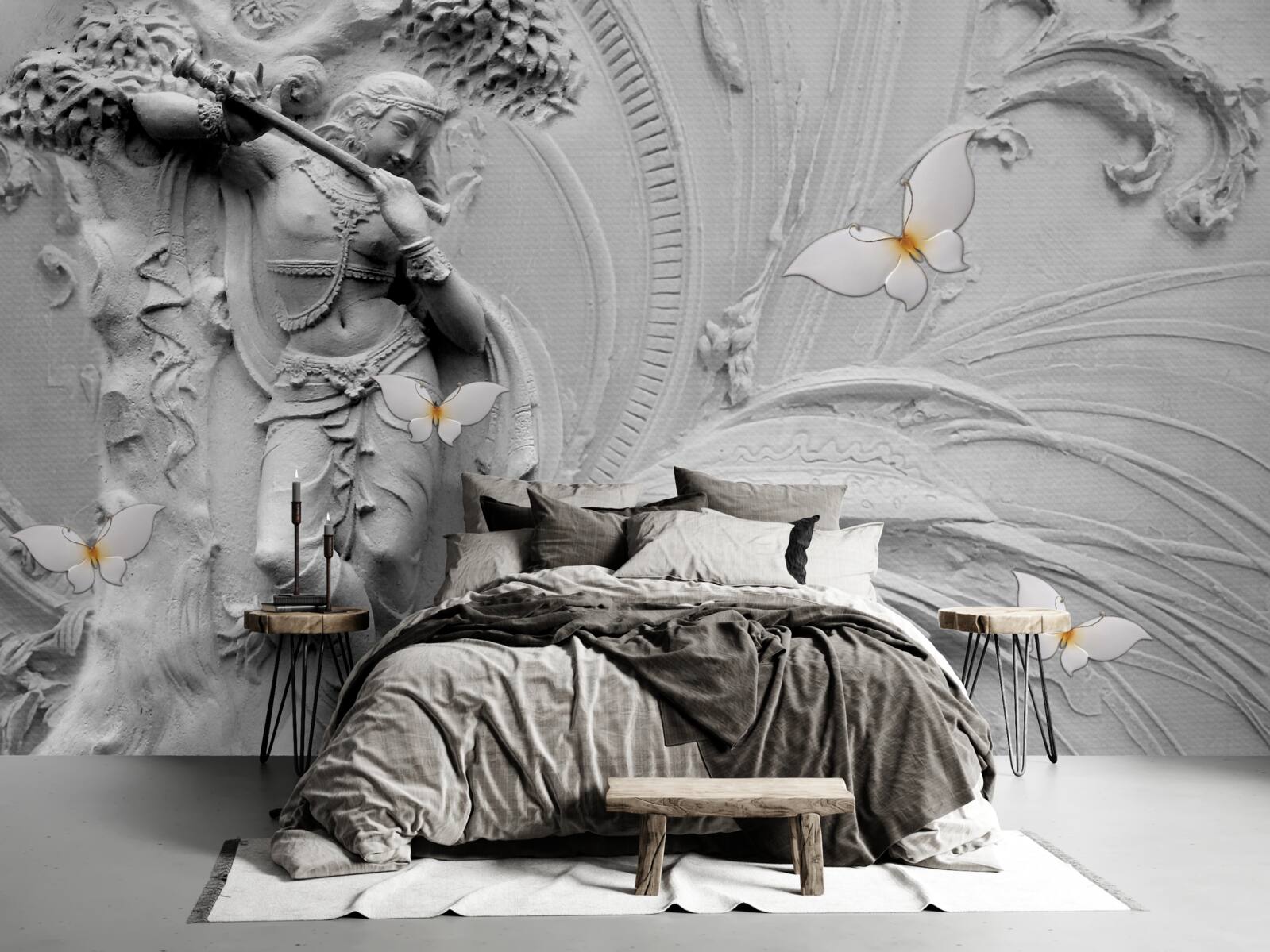 Фотошпалери барельєф з квітами та білими метеликами