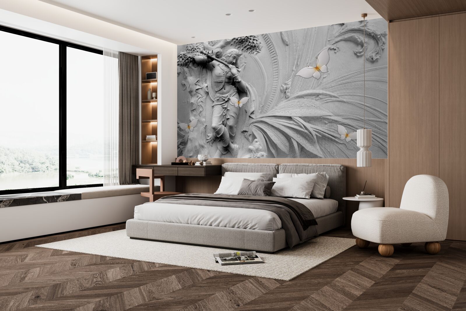 Фотошпалери барельєф з квітами та білими метеликами