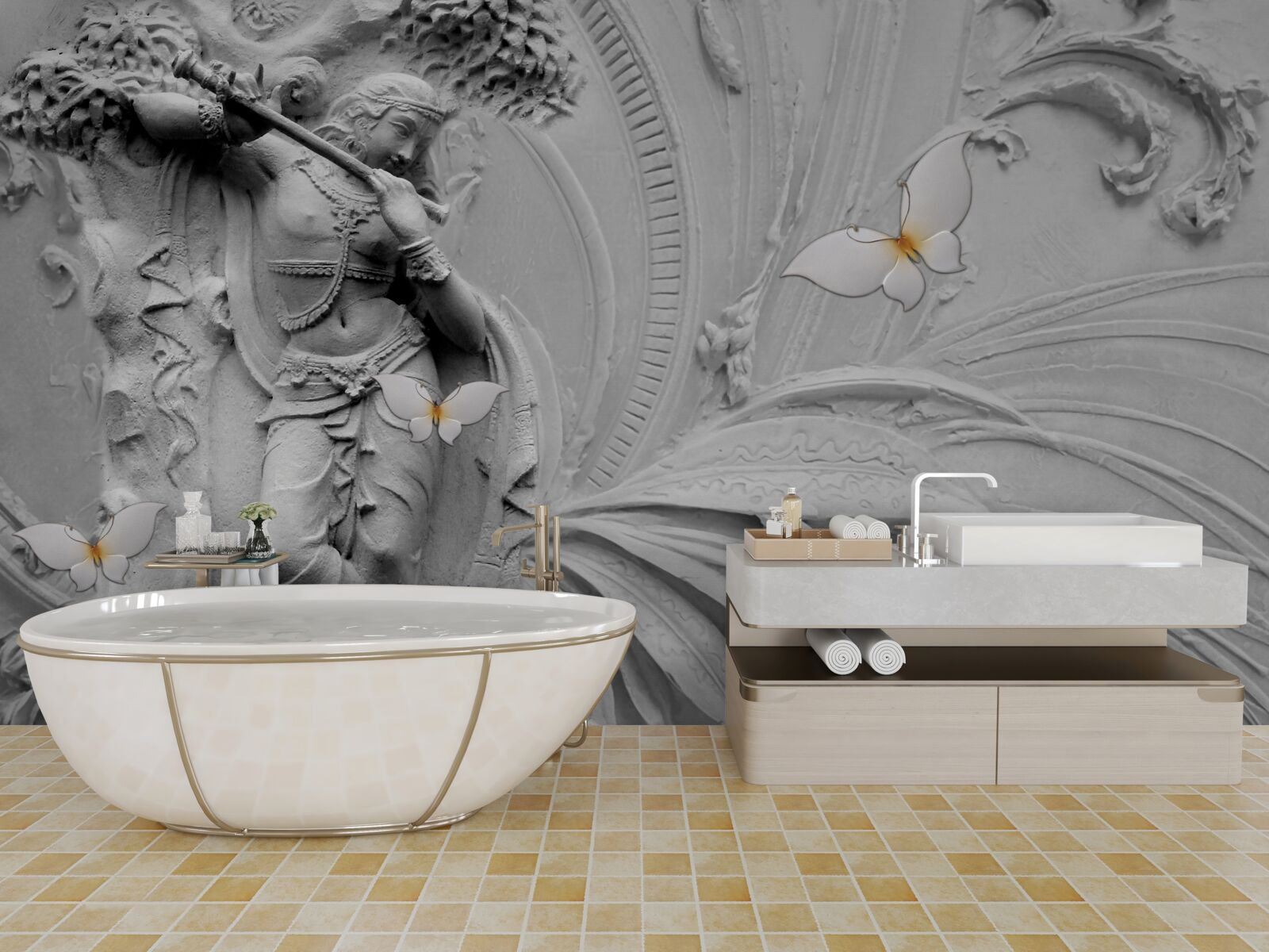 Фотошпалери барельєф з квітами та білими метеликами