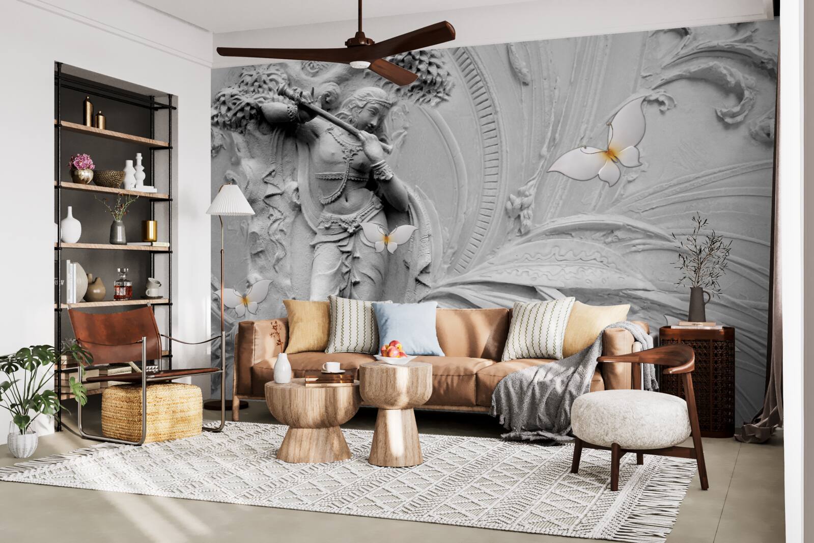 Фотошпалери барельєф з квітами та білими метеликами