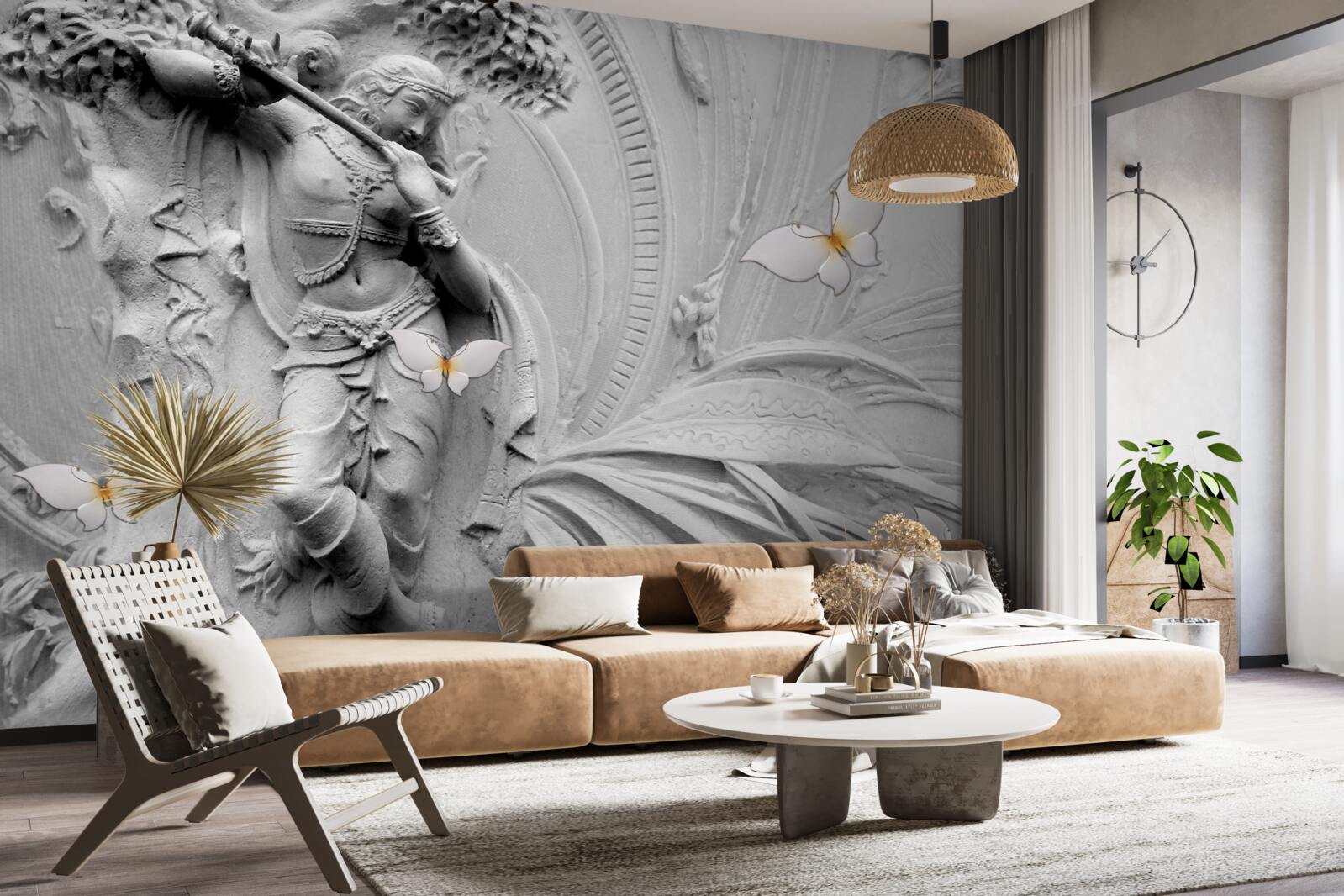 Фотошпалери барельєф з квітами та білими метеликами