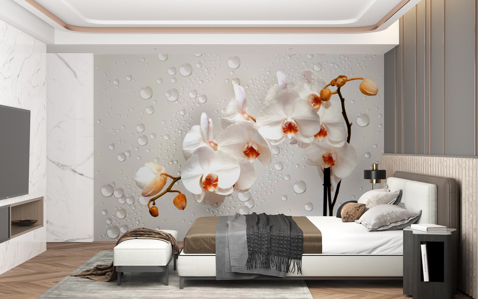 Фотошпалери великі краплі дощу вкривають білі квіти лотоса