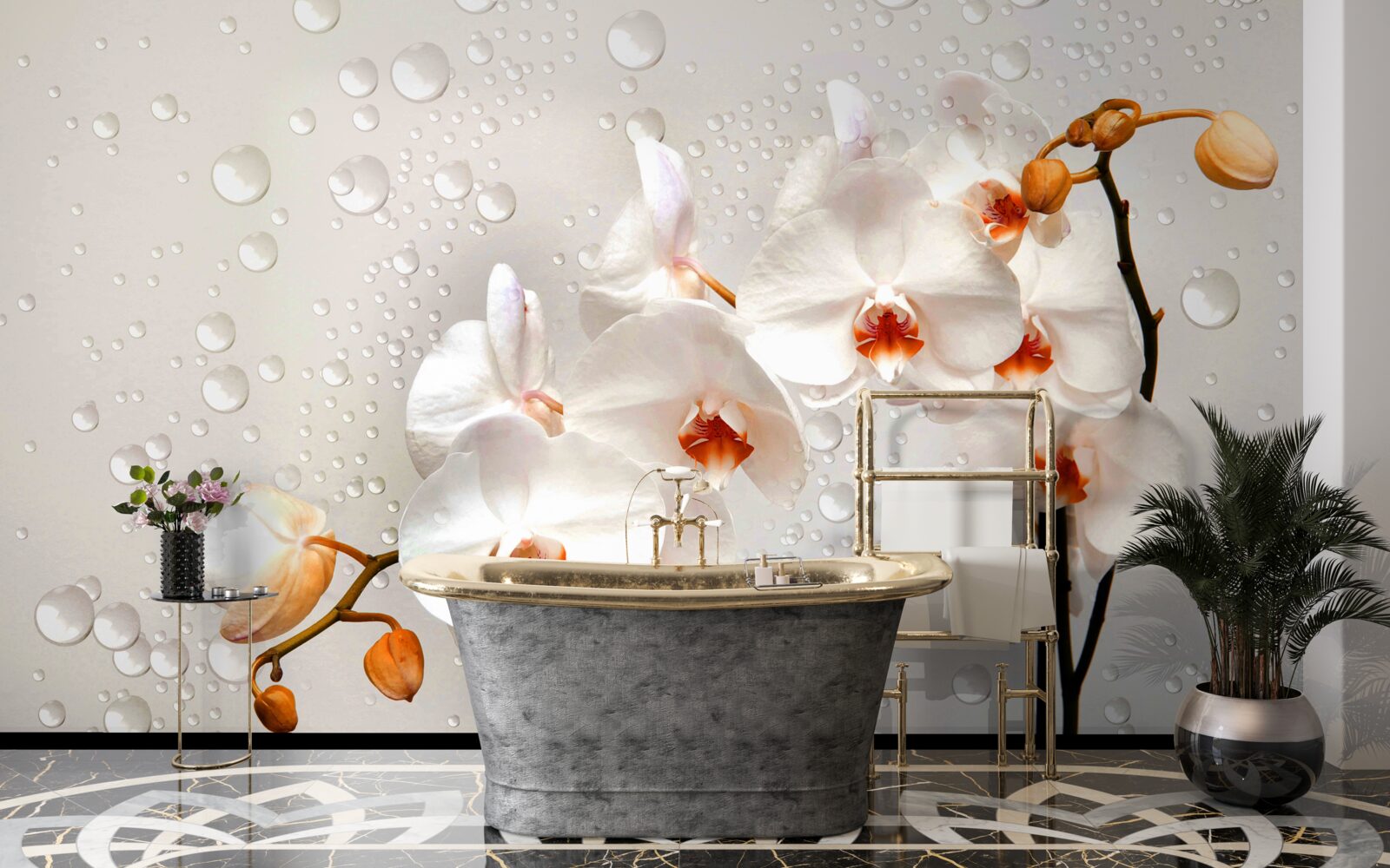 Фотошпалери великі краплі дощу вкривають білі квіти лотоса