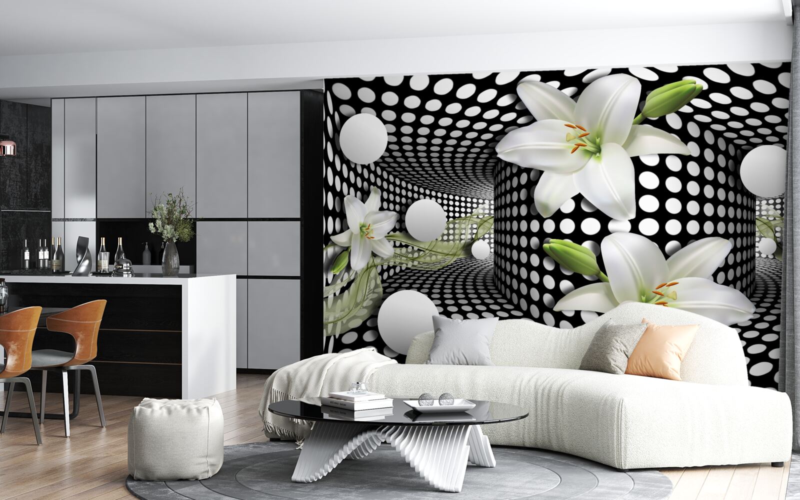 Фотошпалери білі лотоси в абстрактному коридорі