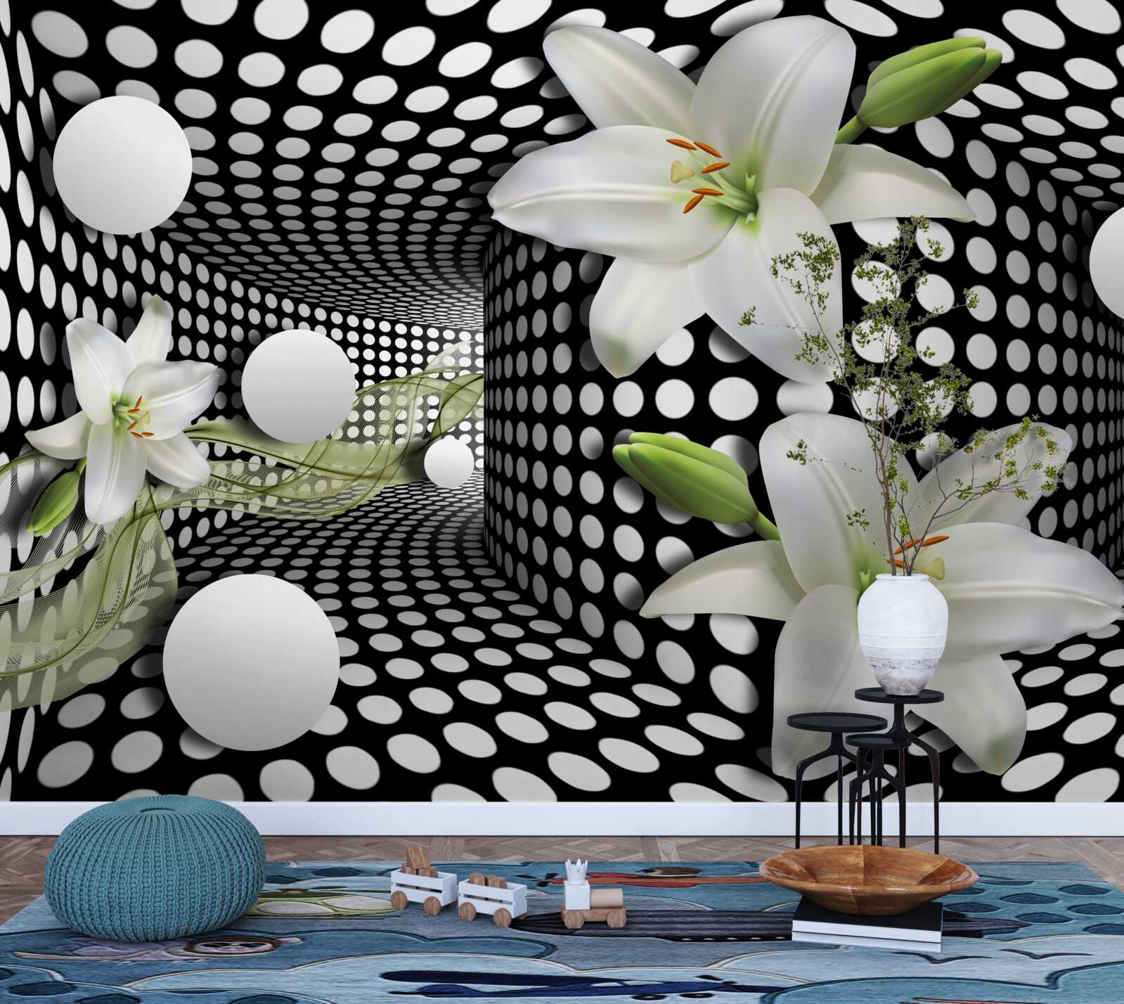 Фотошпалери білі лотоси в абстрактному коридорі