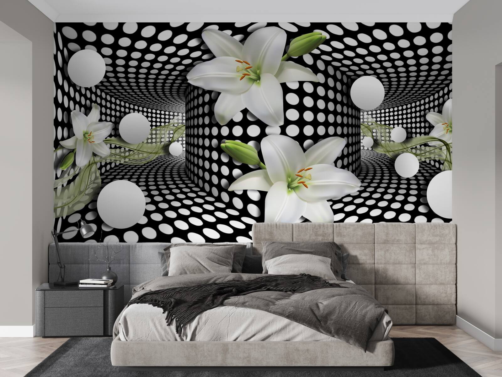 Фотошпалери білі лотоси в абстрактному коридорі